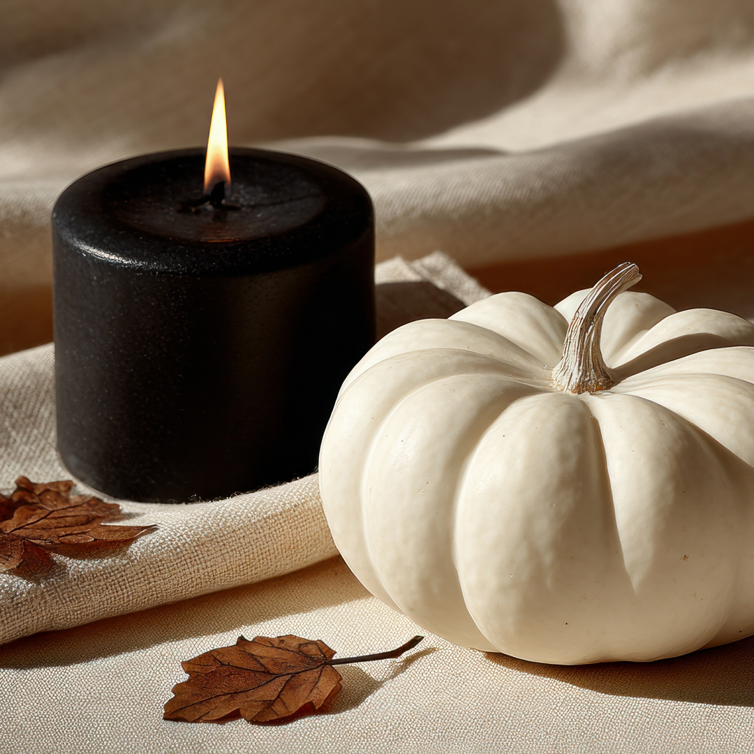 white pumpkin black candle