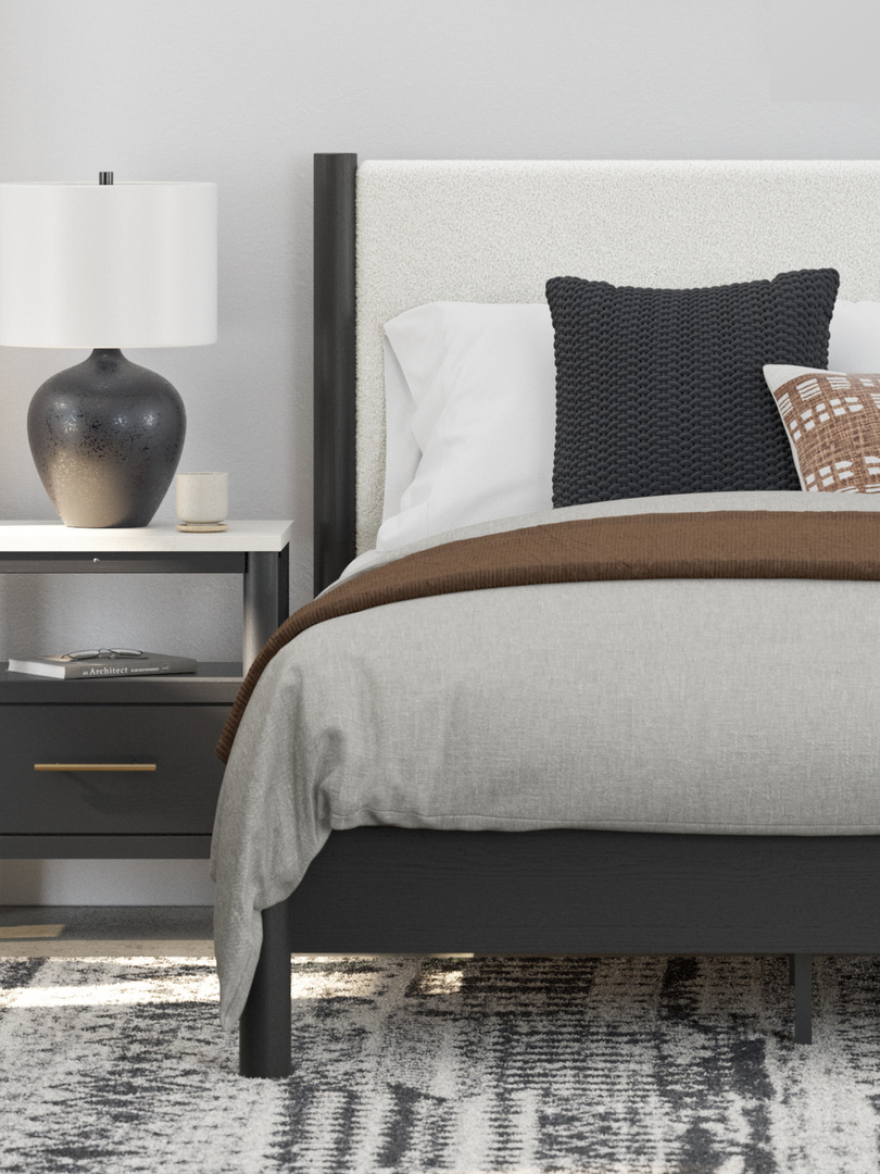 gray and black bedding and furniture