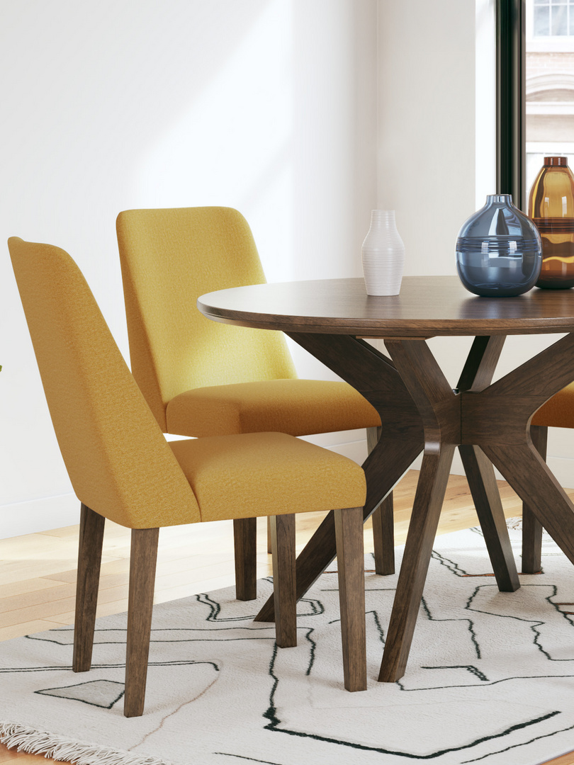 yellow chairs and circle wood table