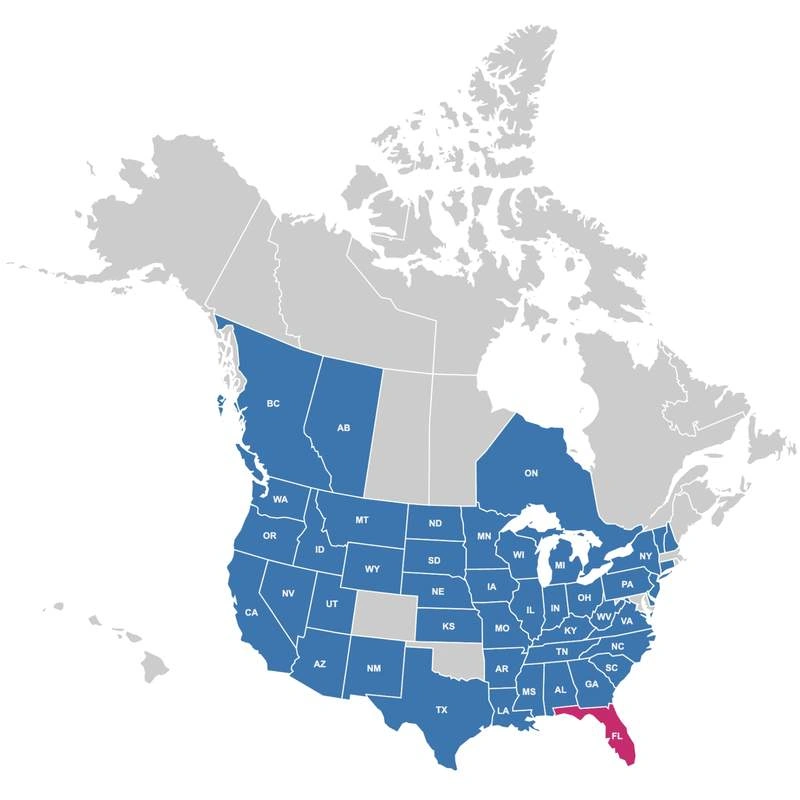map of the United States and Canada with participating locations highlighted