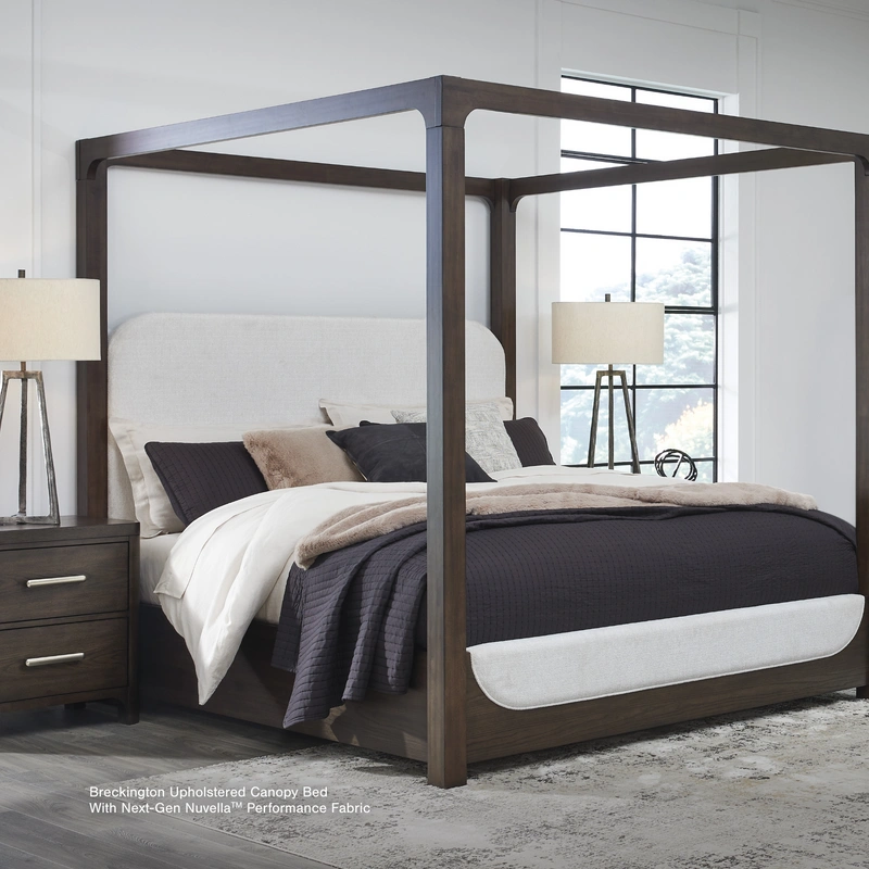 Upholstered Canopy Bed and Bedding