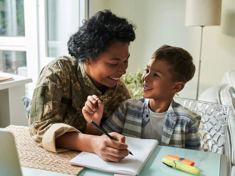 mom in military helping son with homework