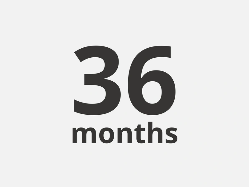 black text on grey background reading "36 months"